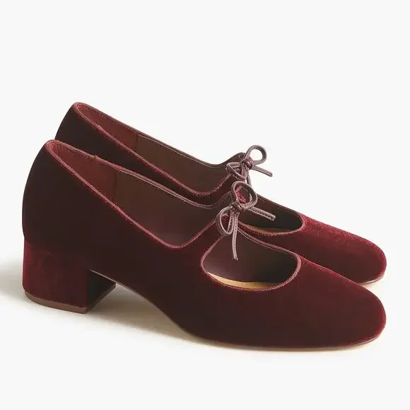 NWOB J. Crew Velvet Bow Tie Heeled Mary Janes Shoes Burgundy Red Womens Size 9.5 - Picture 2 of 16